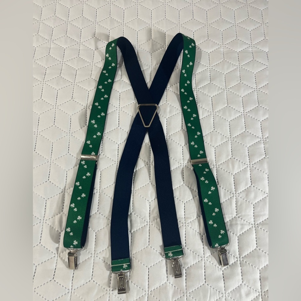 Vintage Pelican Green Shamrock Clover Suspenders Navy Backside ONE SIZE